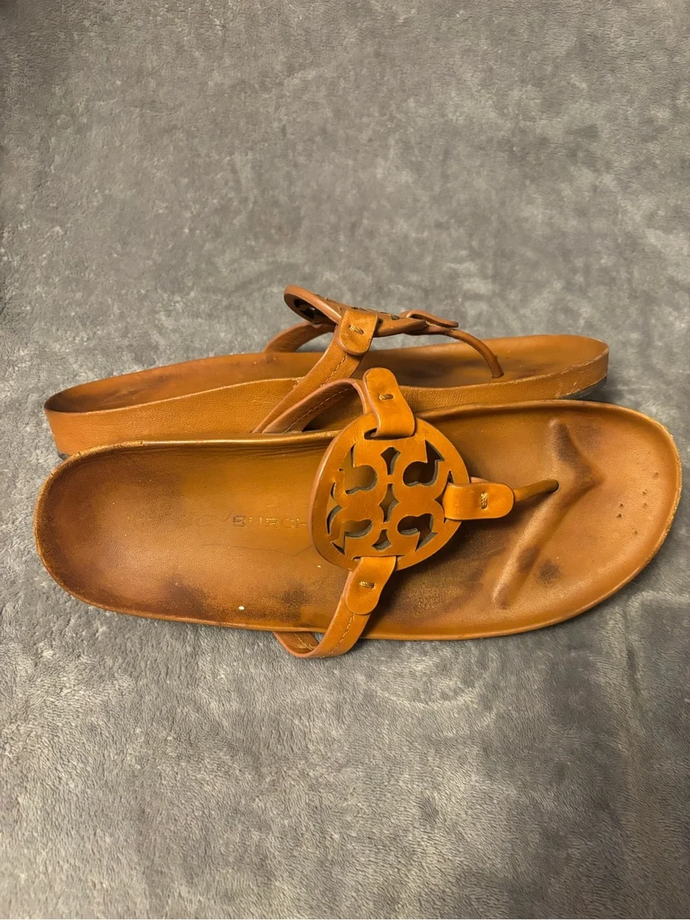 Tory Burch Cognac Leather Logo Thong Sandals
